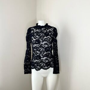 Adiva Top Womens Mock Neck Black Lace Small Goth Glam witchy darkromance EUC